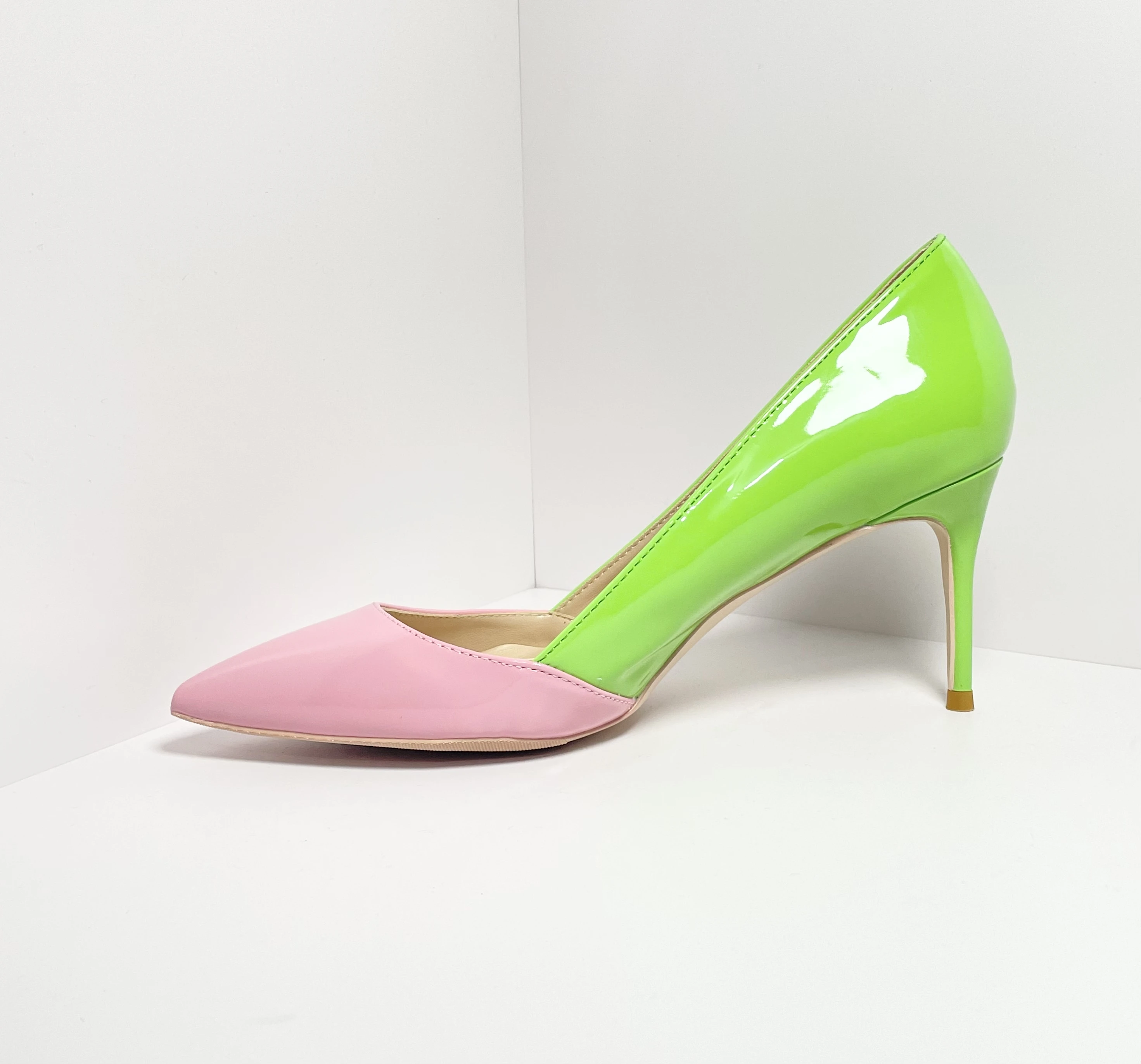 Patent Leather Pink &green Mixed Color High Heel Pumps Ladies Pointed Toe Luxury Women Thin Heel Pumps - Image 6