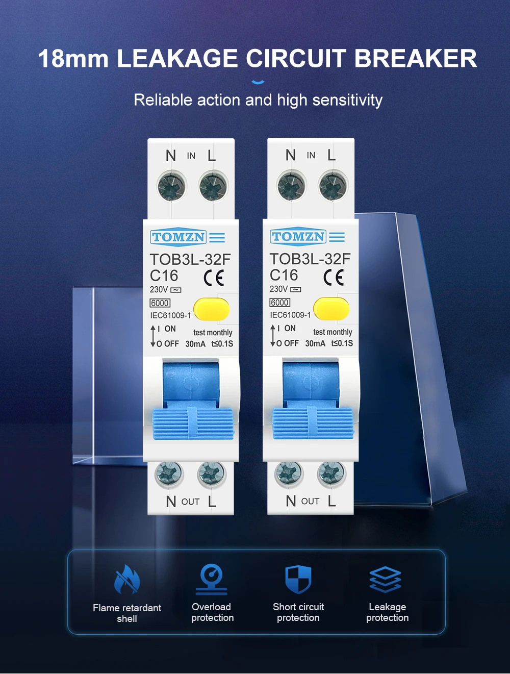 TOMZN RCBO 1P+N 6KA Residual Current Differential Automatic Circuit Breaker Over Current Leakage protection 18MM 230V 50/60Hz