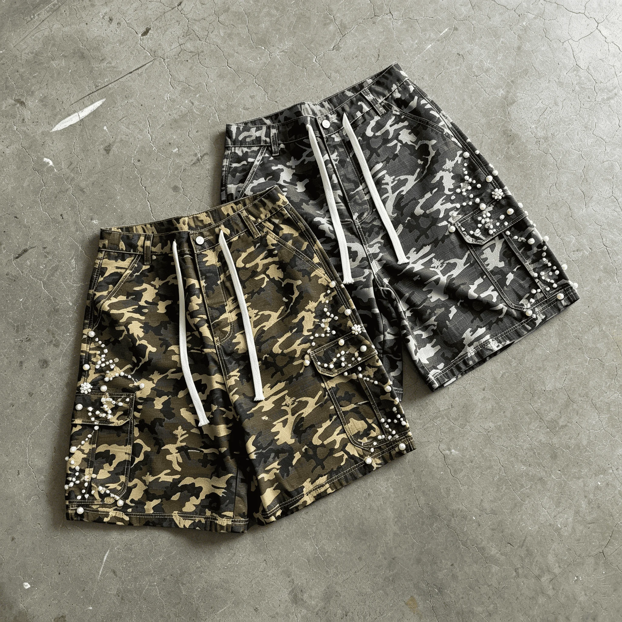 Custom Y2K Streetwear Pearl Embellished Dark Camouflage Drawstring Oversize Multi Pocket Loose Fit Summer Men Cargo Capri Shorts gallery 4