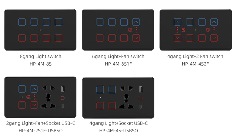 Universal Socket and Switch 4 5 6 8gang Touch Wall Light Switch WiFi Dimmer Switch Tuya Smart Fan Controller