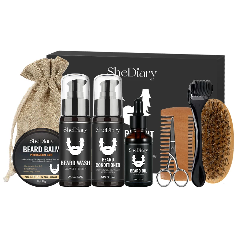 Custom Logo Private Label Beard Oil And Beard Balm Beard Wash Care Growth 10 Pcs Kit Gift Grooming Set For Men