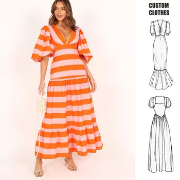 Ladies Puff Sleeve Dress For Women Ruching streak Clothing Manufacturers Elegant Cotton Custom Logo Maxi Casual dress