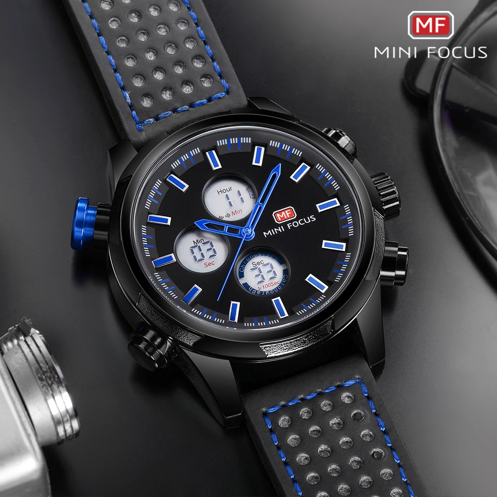 2021 New Mini Focus MF0066G Unique Design 3 ATM Water Resist  Quartz or Electronic Movement Digital Sports Mens Quartz Watches