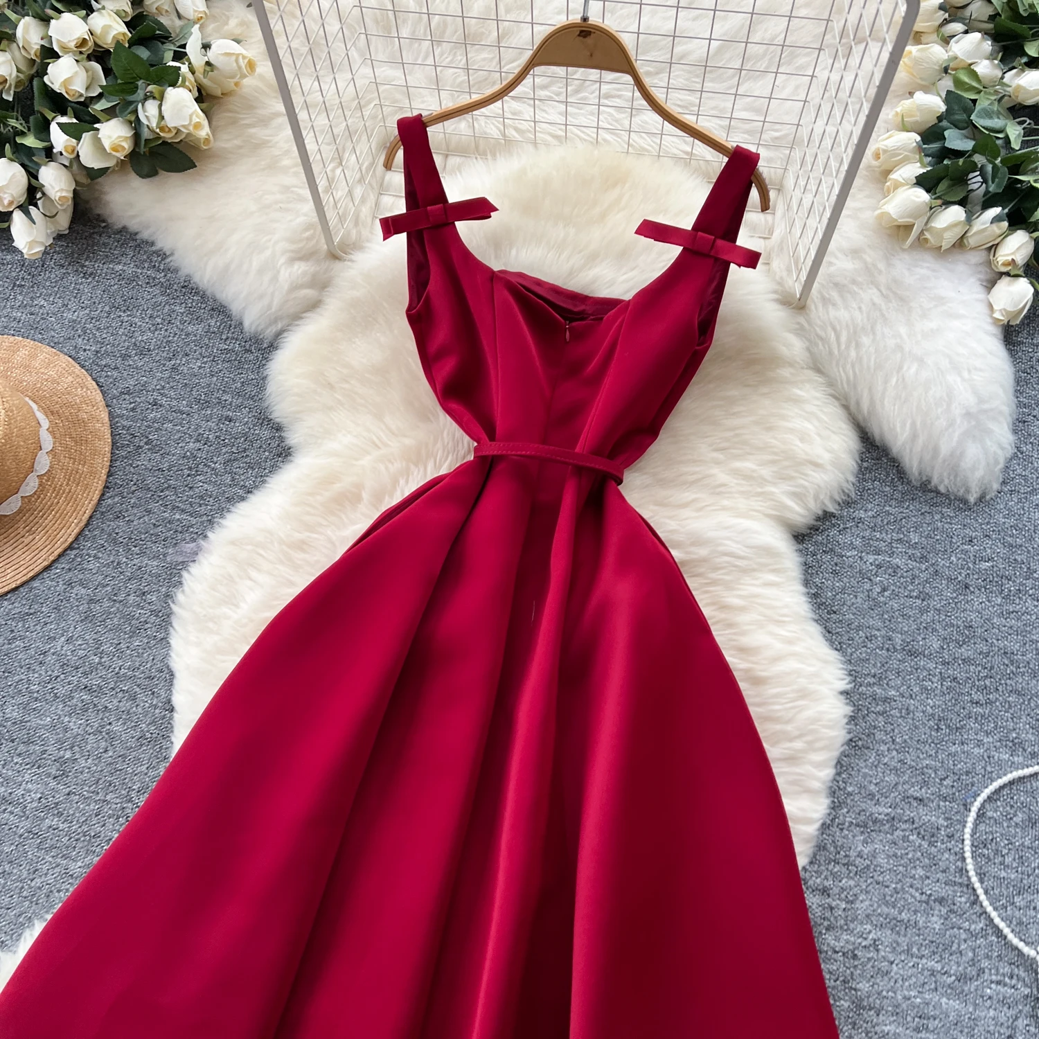 Elegant Audrey Hepburn Style Summer Dress French Bow Waist Belt Slim Fit  Square Neck Flared Midi Dress for Women