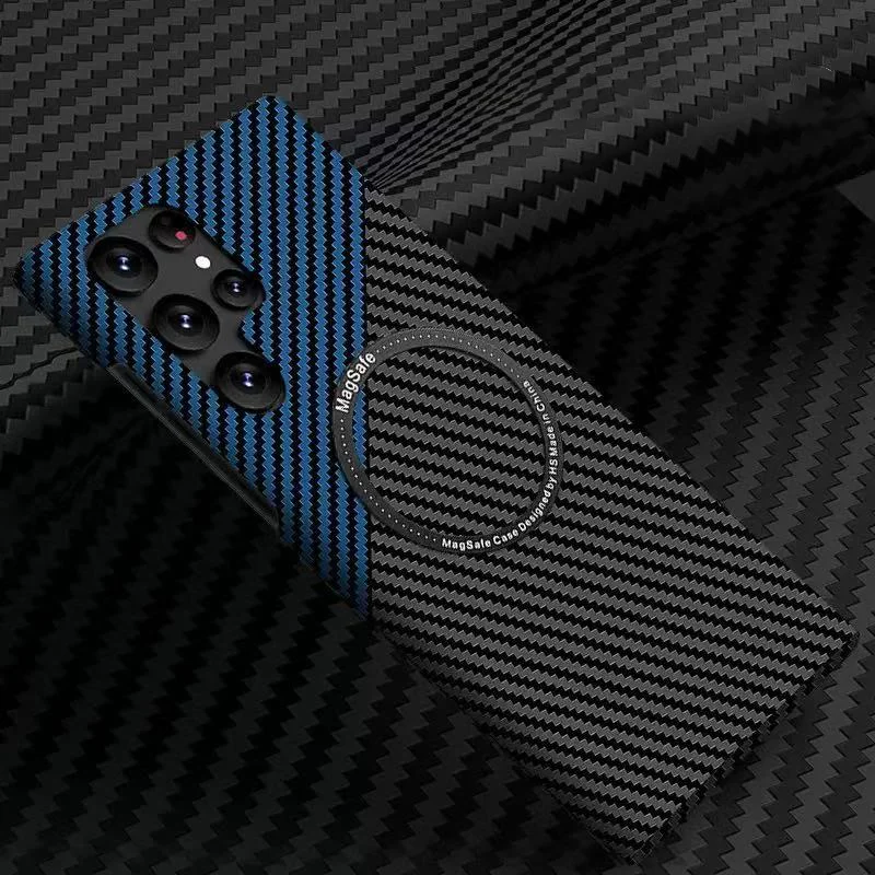 Wireless Charging PC Material Carbon Fiber Texture Shockproof Strong Magnetic Mobile Phone Case for S21/S22/S23 Ultra