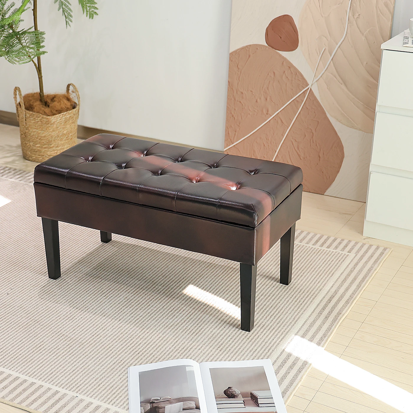 Custom Home PVC Fashion Stool Large Tufted Brown Leather Ottoman Coffee Table Hinge Storage Bench for Living Room
