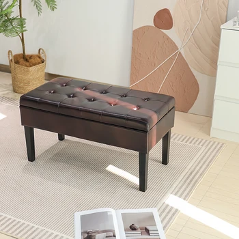 Custom Home PVC Fashion Stool Large Tufted Brown Leather Ottoman Coffee Table Hinge Storage Bench for Living Room