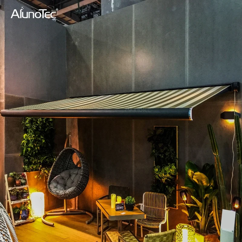 AlunoTec Waterproof Retractable Roof Pergola Cover Outdoor Full Cassette Motorized Folding Awning System
