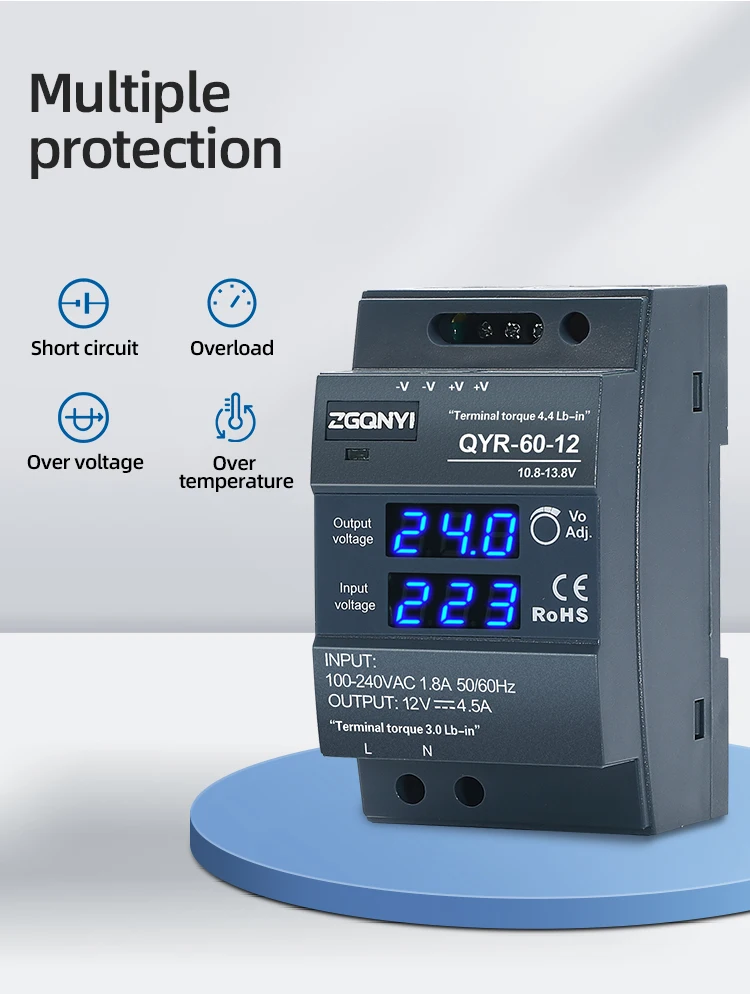 Din Rail Mount Power Supply With Digital Display Qyr60w24v Ac Dc