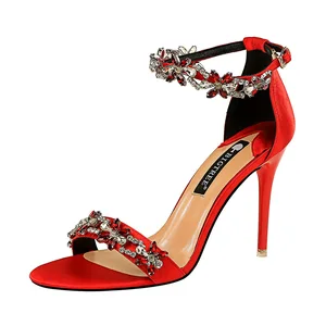 2026 Summer Suede Women's Ankle Strap Sandals Sexy High Heel Open Rhinestone Slides Pointed EVA Trendy Fashion for Spring