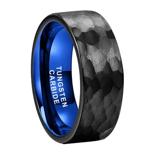 Coolstyle Jewelry Wholesale 8mm Black Blue Hammered Tungsten Ring for Men Women Fashion Engagement Wedding Band Comfort Fit
