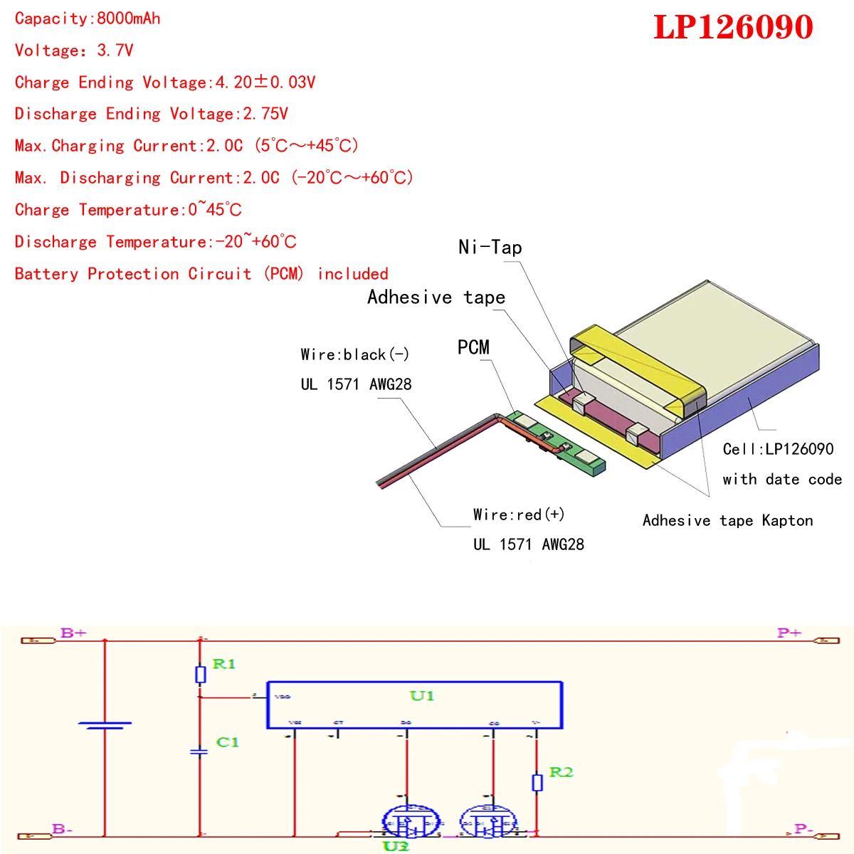 126090 3.7V 8000mAh Lithium Ion Rechargeable Battery for GPS Power