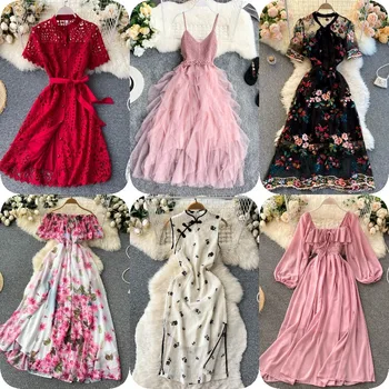 Factory wholesale han edition dress pure color restoring ancient ways chiffon dress lace dress