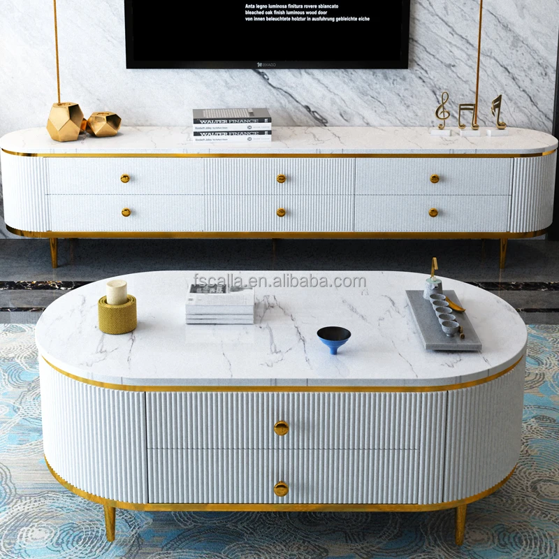Luxury Modern Marble Top Floating Stainless Steel Tv Stand And