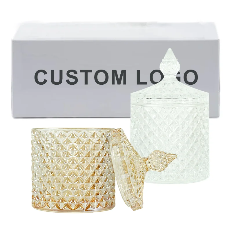 Elegant Diamond Patterned Premium Glass Candle Jars with Lids for Aesthetic Home Decor