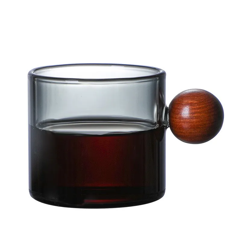 Wholesale Glass Espresso Coffee Cup Wooden Handle Color High Borosilicate Heat-Resistant Glass Cup