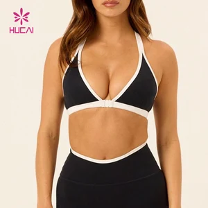 HUCAI Custom Spandex  Front Clasp Plunge  V Neckline Removable Padding Contrasting Stripes Cross Back Yoga Gym Sports Bra Women
