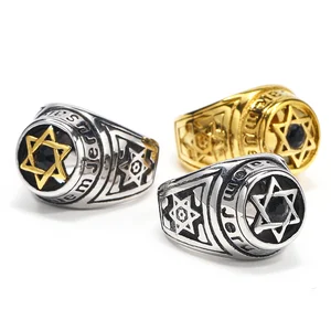 Custom Six Pointed Star Retro Style 18k Gold Plated Rings Stainless Steel Jewelry for Man