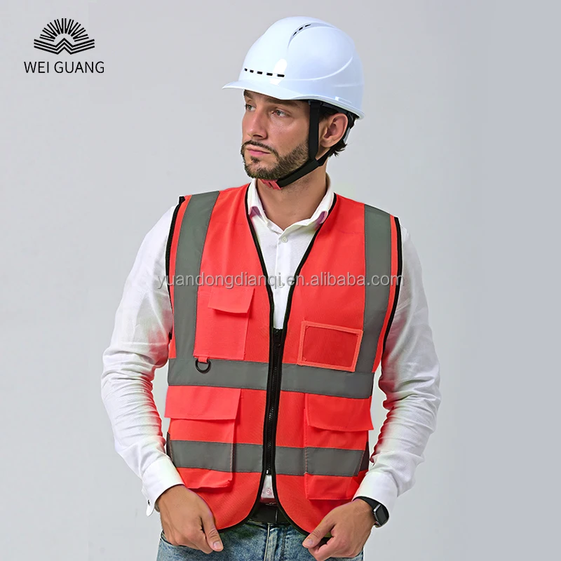 Functional  High Brightness Engineer Construction Warning Jacket Fluorescent Yellow Traffic Reflective Safety Vest With Zipper