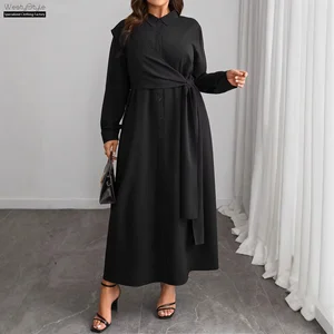 European American Women's Casual Long Sleeve Solid Color Chiffon Floor-Length A-line Breathable Shirt Plus Size Autumn Winter