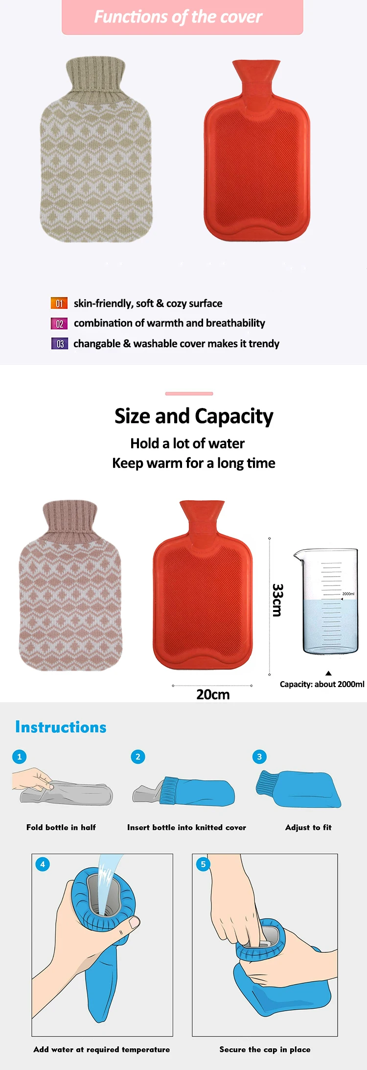 cheapest custom rubber hot water bottle with super soft knitted cover high capacity period hot water bag 2000ml
