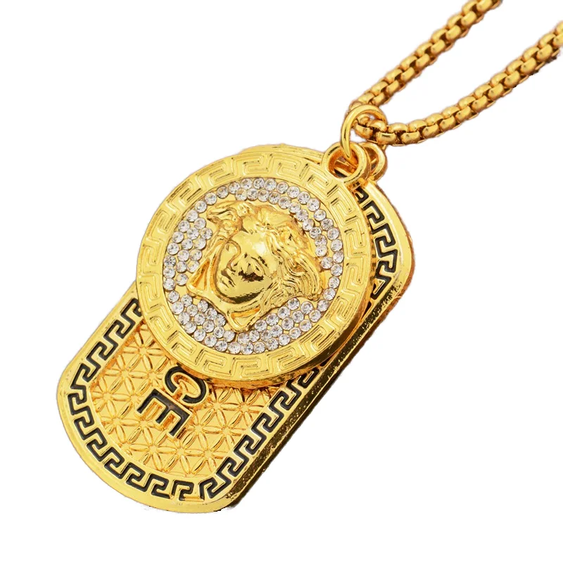 Hip Hop Style Gold Plated Full Diamond Greek Square Pendant Necklace Fashionable Chains Women Men Christian Symbol Pearl