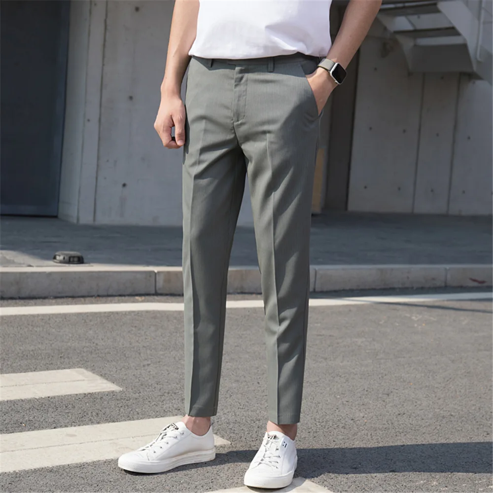 2023 Korean Style Ankle Length Spring Men Dress Pants Stretched Simple Slim  Fit Casual Office Trousers Formal Wear Hot Sale 36 - AliExpress