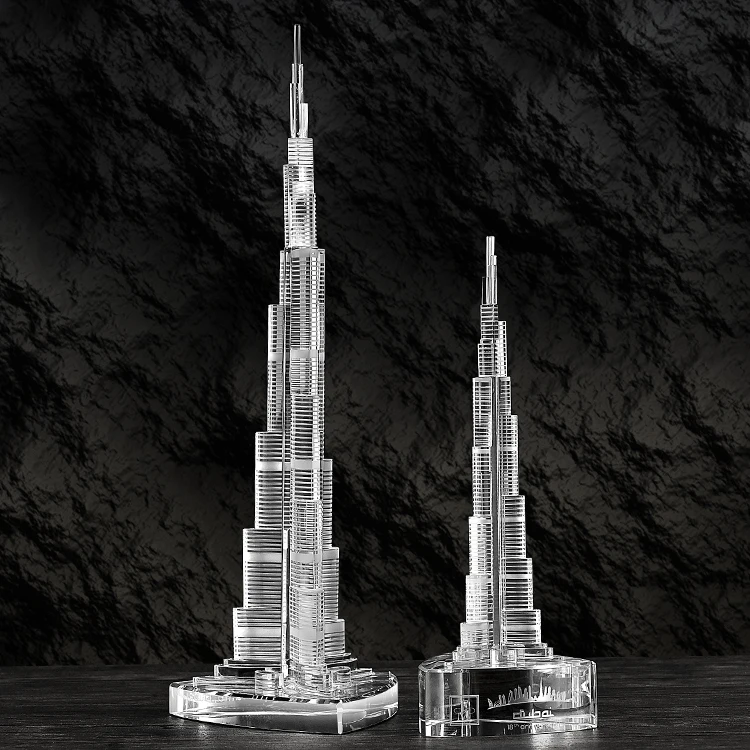 Shining customize 3d crystal building model with free logo and wording crystal Burj Khalifa Tower for company souvenir gifts