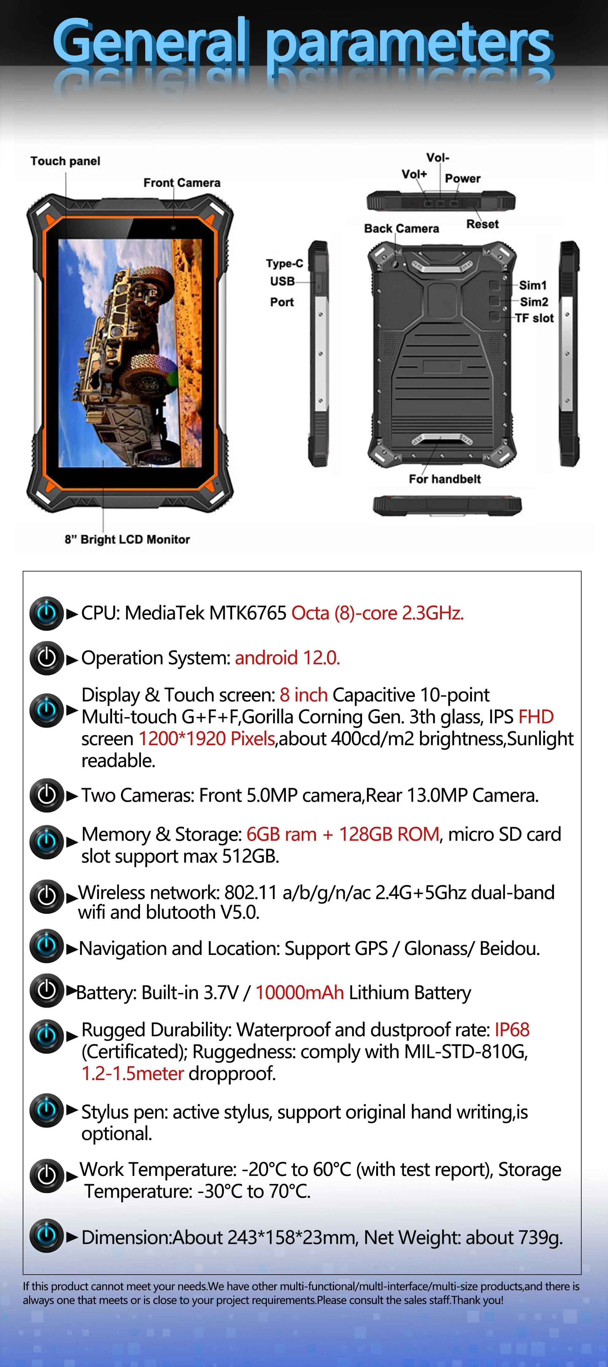 Cheapest Factory 8 Inch Android 12 FHD1200*1920 6+128G 10000mAh IP68 Ruggged Tablet PC 400CD/M2 BT5.0 PAD Rugged Computer PCs