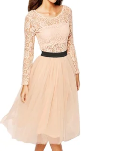 Women's Knee-Length Tulle Skirt Dress Elastic Waist Long Sleeve Sheer Lace Woven Breathable Party Dress Eco-Friendly Digital