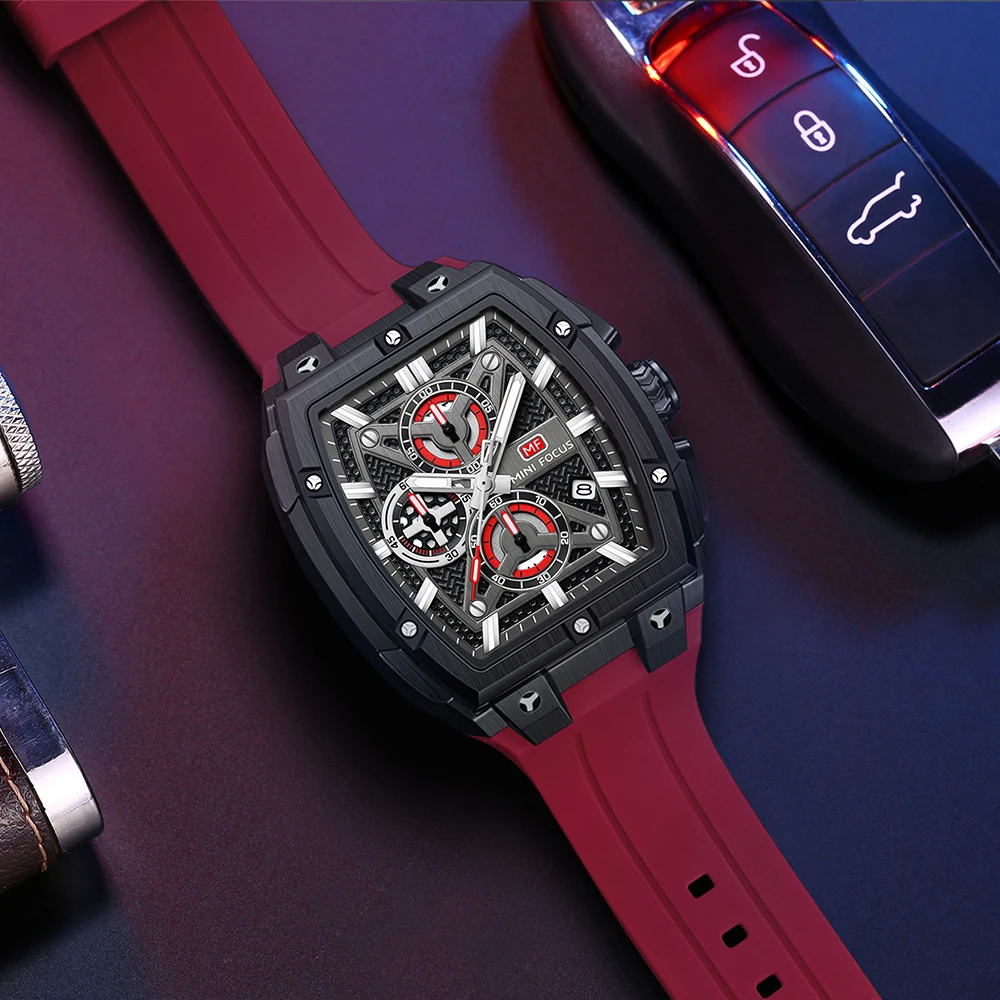 MINI FOCUS Chronograph Quartz Man New Model Watch for Men Sport Wristwatch with Black Rose Gold Silicone Strap MF0602G