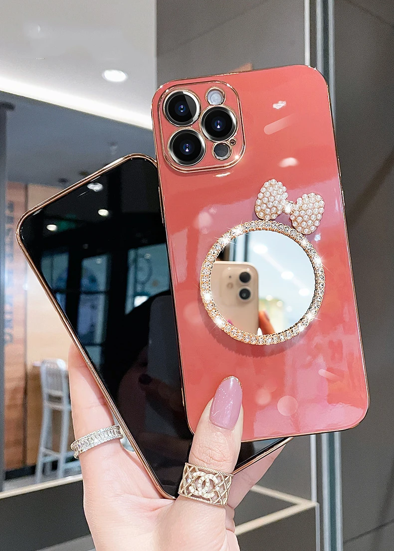 Makeup Mirrored Phone Case Fundas De Lujo Para For iphone 13 14 12 Pro Max Butterfly Diamond Bling Cases Cover For Women Girls factory