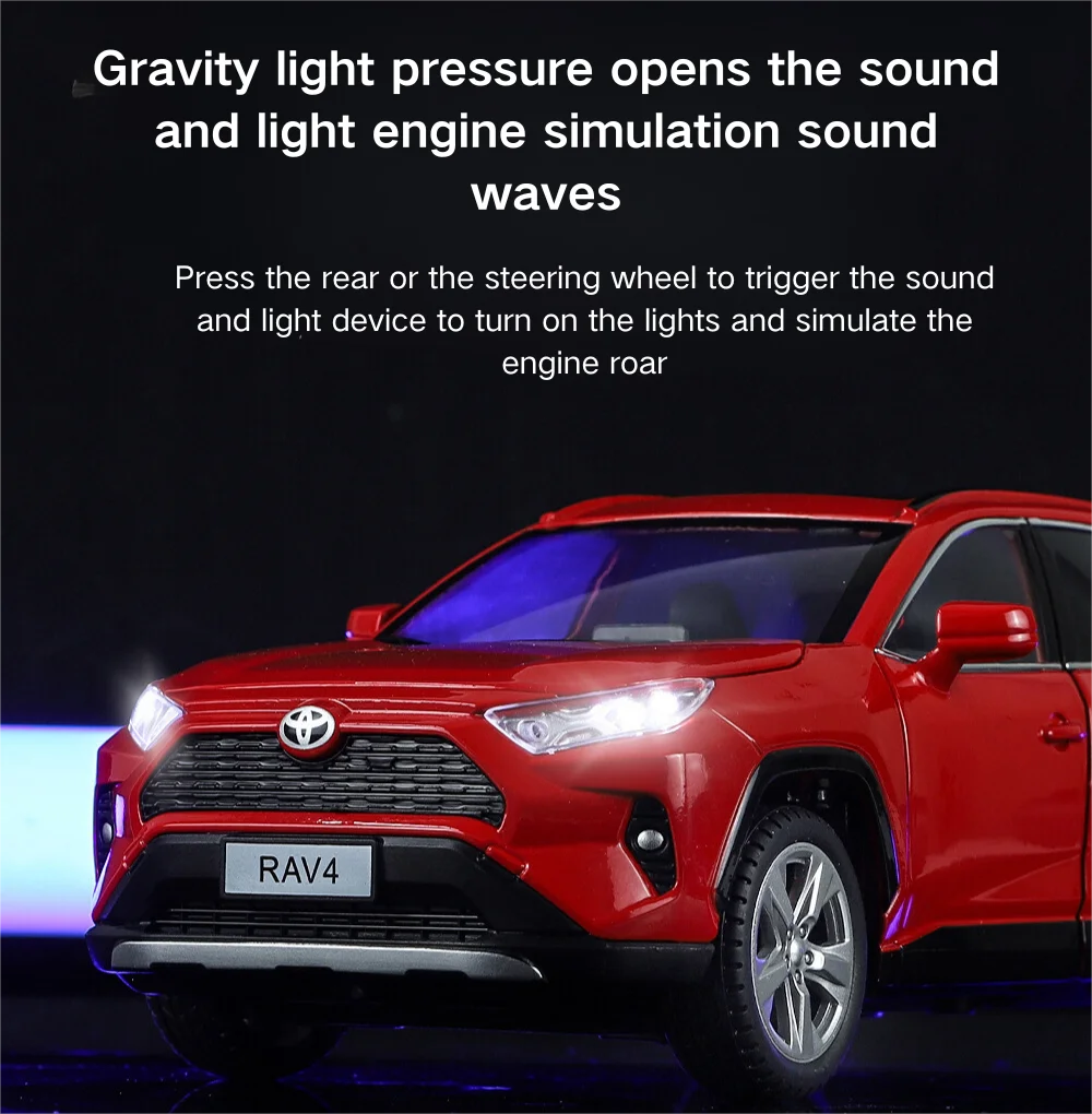 PANDAS 1/24 Scale Diecast Toyota RAV4 Car Model Pullback Door Open Sound & Light Decoration Alloy Collection Car Toys
