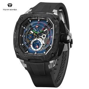 For Luxury Water Resistant Analog Mechanical Square Carbon Fiber Watch for Men with Power Reserve and Rubber Band