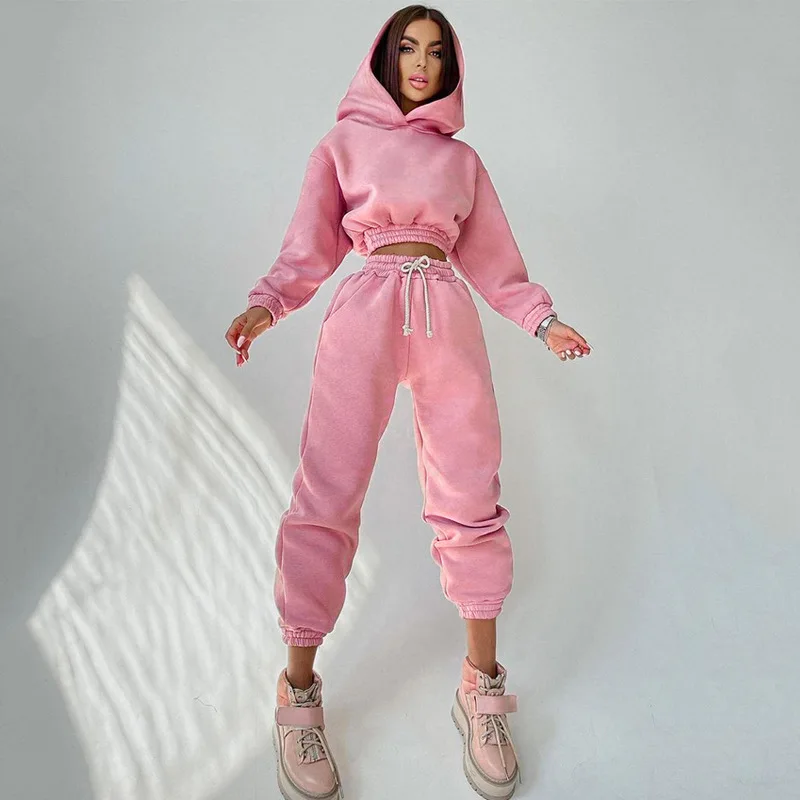 2023 Fall Clothes Long Sleeve short style Hoodie With Jogger Woman Fleece Thick Cotton Sweatsuit Set For Woman