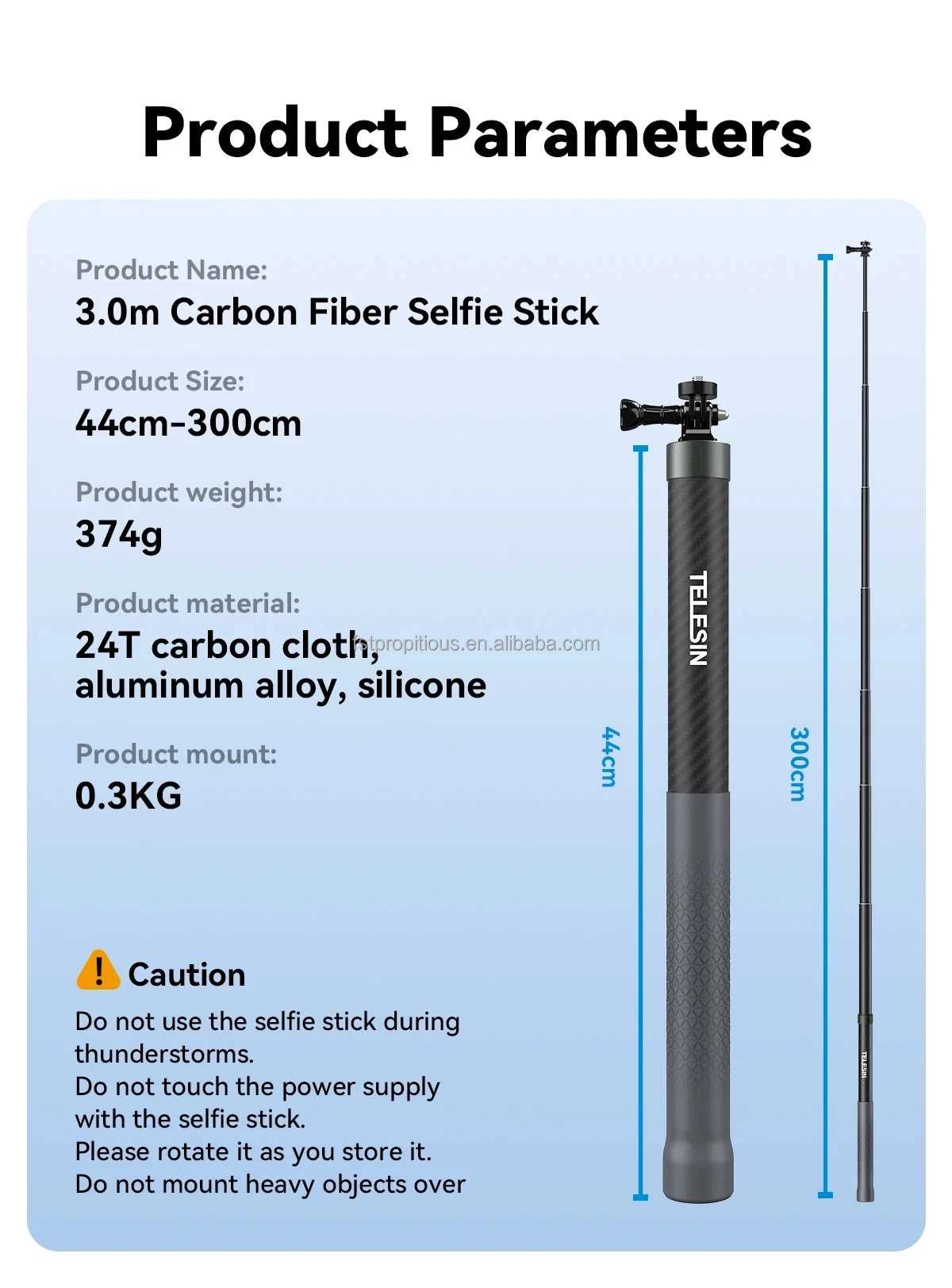 TELESIN 3M Carbon Fiber Selfie Stick Extendable Portable