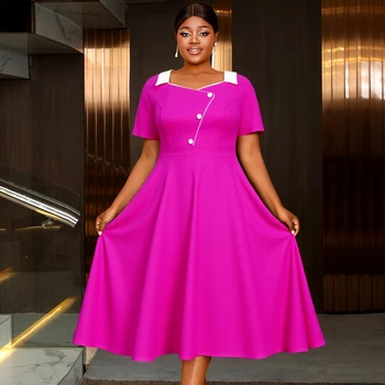 AM050523 Elegant Contrast Color Square Neck Short Sleeve Irregular Rose a Line Plus Size Midi Church Women's Casual Dress