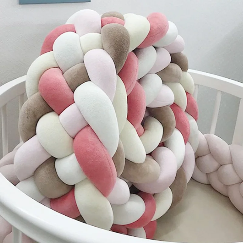 Cushion Soft Knot Pillow Baby Bed Set All Round Braided 3M Pink, Baby Braided Crib Knotted Soft Comfortable Snake Head Guard