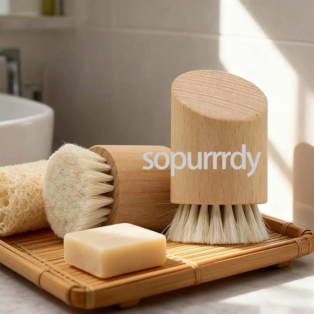 Custom Logo Natural Beech Wood Soft Goat Hair Face Brush Exfoliating Facial Cleaning Brush Soft Goat Hair for Gentle Cleansing