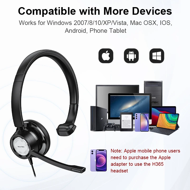 New Bee Auriculares USB Mono Call Center Auriculares con micrófono