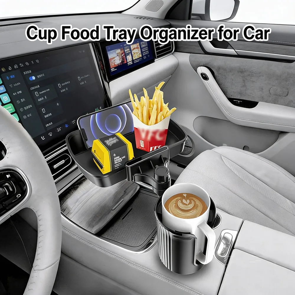 Upgrade 3-in-1 Multi-Function Car Food Table Tray Organizer Extendable Arm Flexible Design 360 Rotating Phone Mount Stand Black