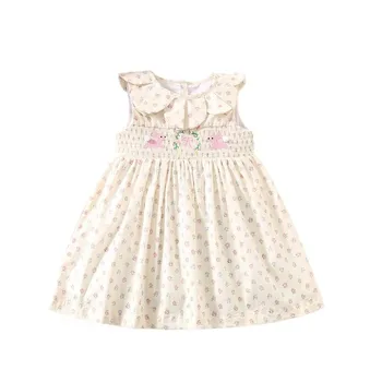 Summer Girls' Sleeveless Printed Dress Petal-collar Children's Dress Cute Cartoon Little Rabbit Princess Dress