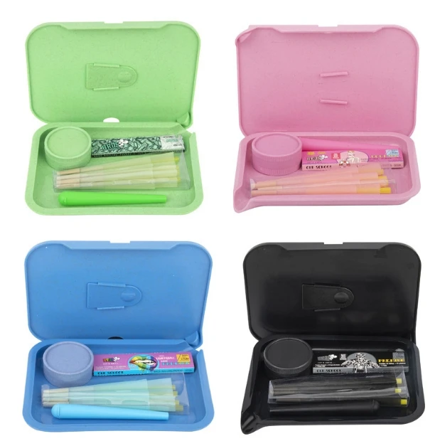 Wholesale Custom Logo Smoking Kit Biodegradable Tobacco Grinder Cigarette Paper Plastic Pipe 4-in-1 Rolling Tray for Smoke Shop