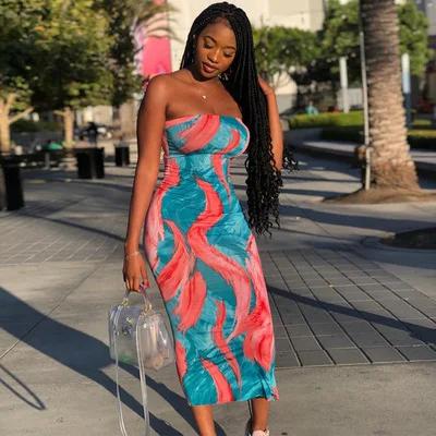 Women Summer Dresses Casual Strapless Tube Dresses Colorful Strip Maxi Long  Dress Women