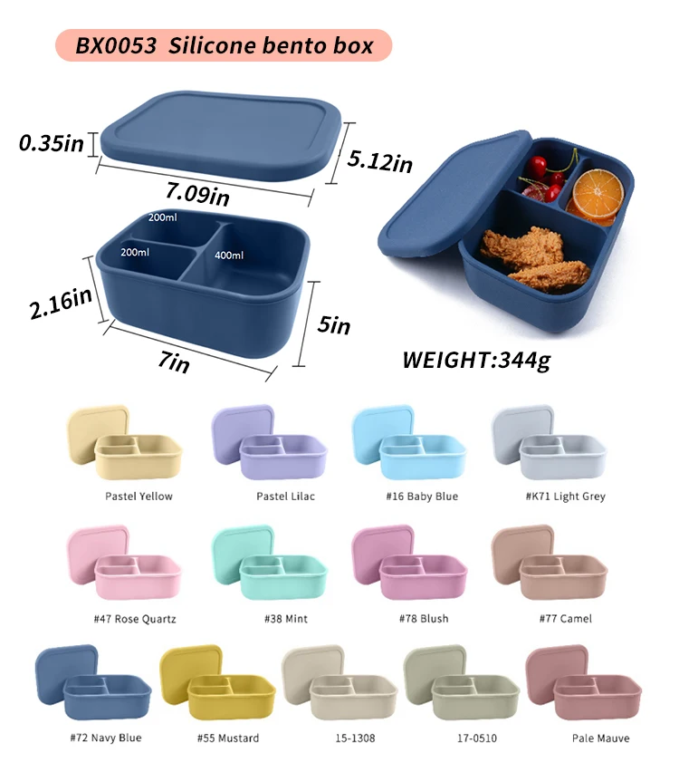 Portable Bento Lunch Box With Bamboo Wood Lid 3 Compartment Silicone Custom Lunch Box Warmer