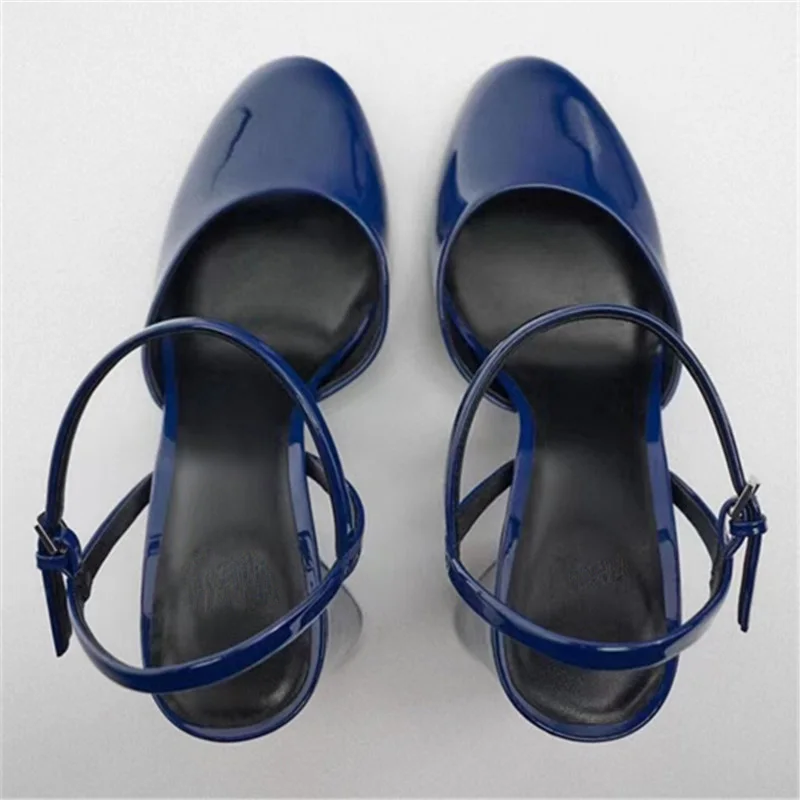 Elegant Spring Ladies Shoes Blue Patent Leather Round Toe Thick Heel Slingback Block Heels For Women Mary Jane Pumps - Image 3