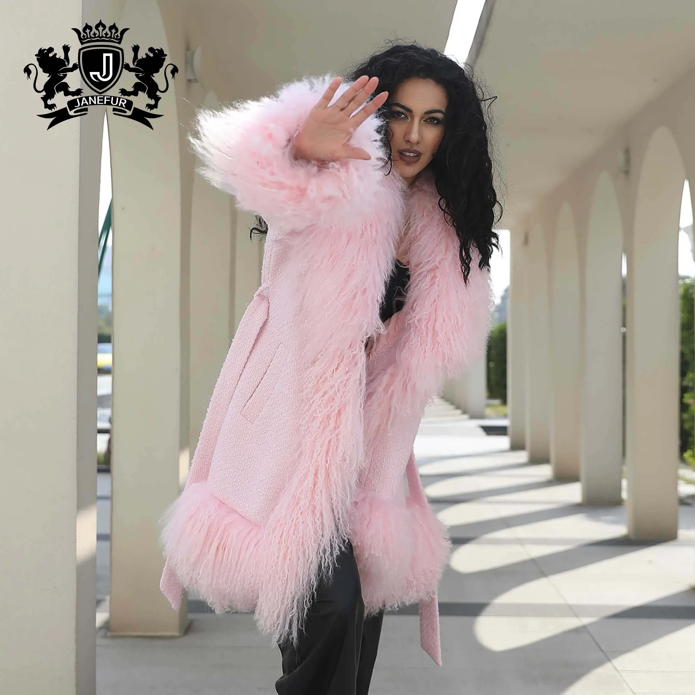 Janefur Trendy Mongolian Lamb Fur Jacket High Quality Pink Long