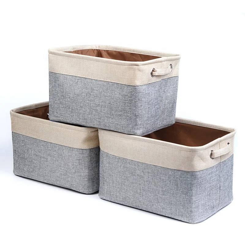 Storage Large Basket Set - Big Rectangular Fabric Collapsible Organizer Bin  Box with Carry Handles (3-Pk Grey/Tan)