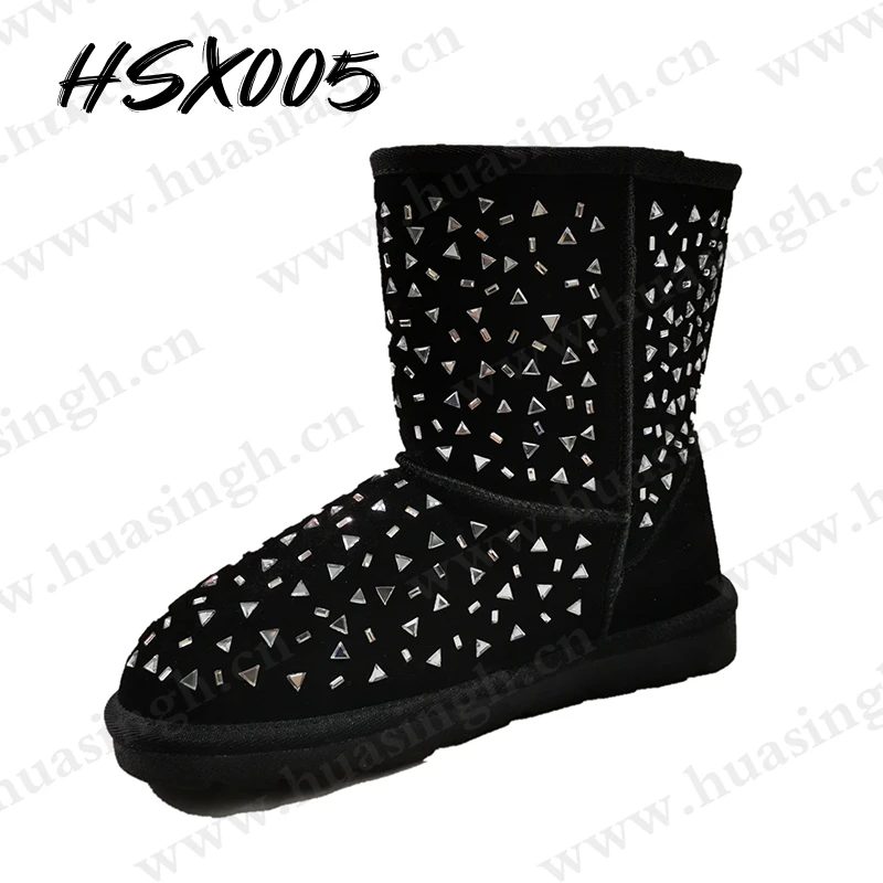 Rwh,shining Rhinestone Decoration Plush Black Snow Boots Anti-slip TPR Outsole Winter Outdoor Fashion Lady Boots for Sale HSX005
