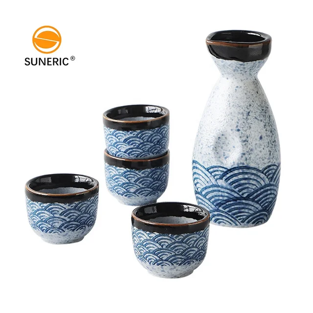 Porcelain Blue Ocean Waves Pattern Japanese Sake Set Cup Tea Serving Carafe Shot Cup Luxury Sake Ceramic Set